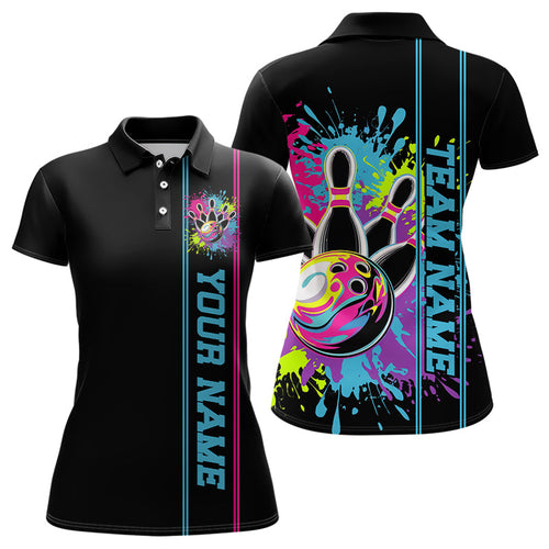 Custom Colorful Bowling Polo Shirts For Women, Splatter Bowling Team Shirt Bowler Outfit IPHW8034