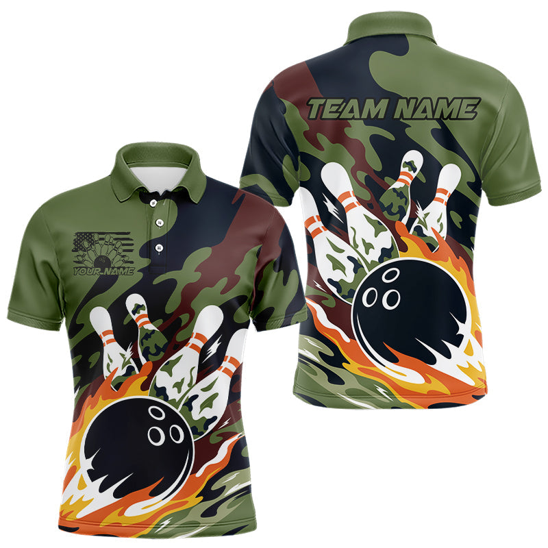 Custom Military Camo Bowling Polo Shirts For Men, Patriotic Veteran Bowling Team Shirt IPHW8037