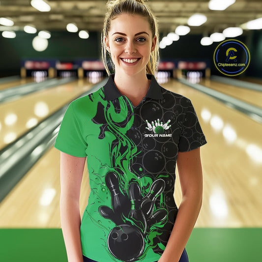 Custom Black And Green Flame Bowling Team Women Polo Shirts, Bowling League Shirt IPHW10189
