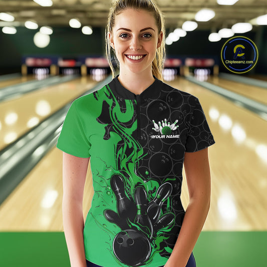Custom Black And Green Flame Bowling Team Women Quarter-Zip Shirts, Bowling League Shirt IPHW10189