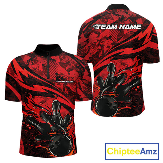 Custom Red Camo Flame Bowling Men Quarter-Zip Shirts, Camouflage Bowling Team Jerseys IPHW10344