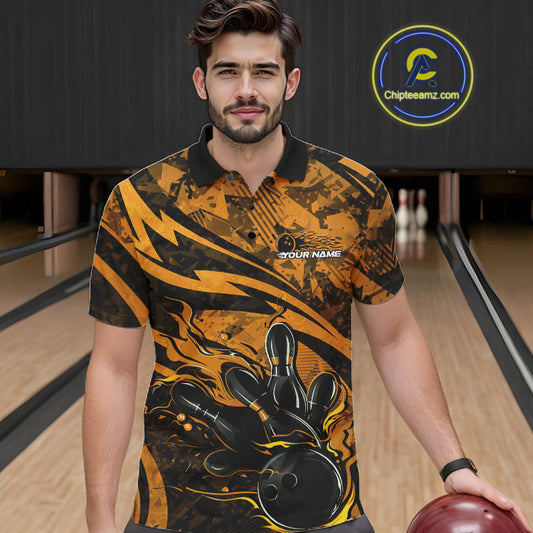 Custom Yellow Camo Flame Bowling Men Polo Shirts, Camouflage Bowling Team Jerseys IPHW10348