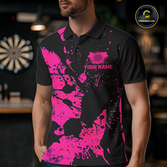 Custom Name Black And Pink Splatter Darts Shirts For Men, Dart Team League Shirts IPHW10622