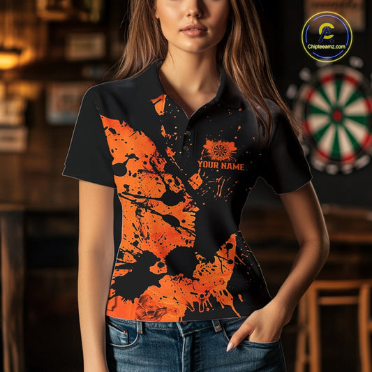 Custom Name Black And Orange Splatter Darts Shirts For Women, Dart Team League Shirts IPHW10624