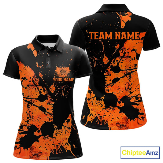 Custom Name Black And Orange Splatter Darts Shirts For Women, Dart Team League Shirts IPHW10624