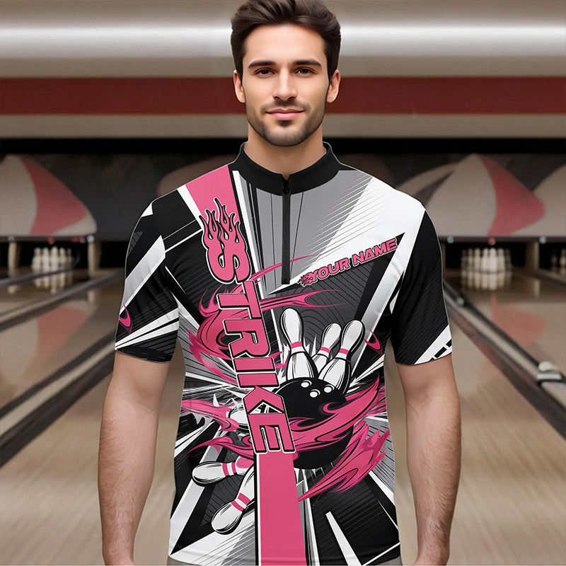 Custom Black And Pink Strike Bowling Men Quarter-Zip Shirts, Bowling Team League Shirt With Name IPHW8758