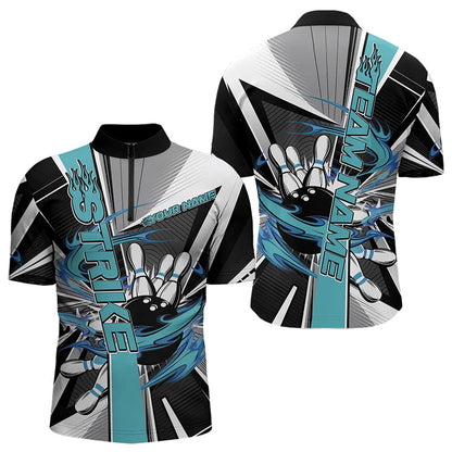 Custom Black And Blue Strike Bowling Men Quarter-Zip Shirts, Bowling Team League Shirt With Name IPHW8760