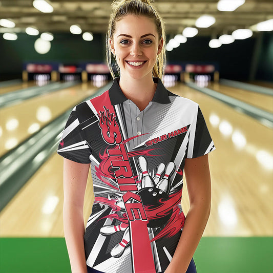 Custom Black And Red Strike Bowling Women Polo Shirts, Bowling Team League Shirt With Name IPHW8761
