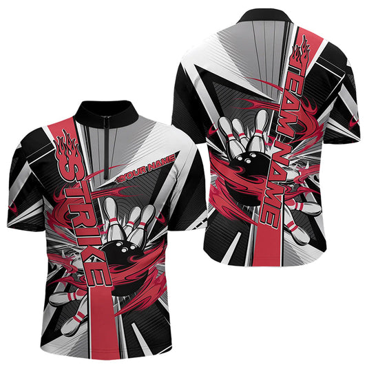 Custom Black And Red Strike Bowling Men Quarter-Zip Shirts, Bowling Team League Shirt With Name IPHW8761