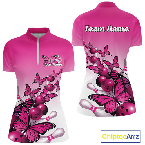 Custom Pink Gradient Butterfly Bowling Women Quarter-Zip Shirt Team, Bowling League Shirt IPHW9005