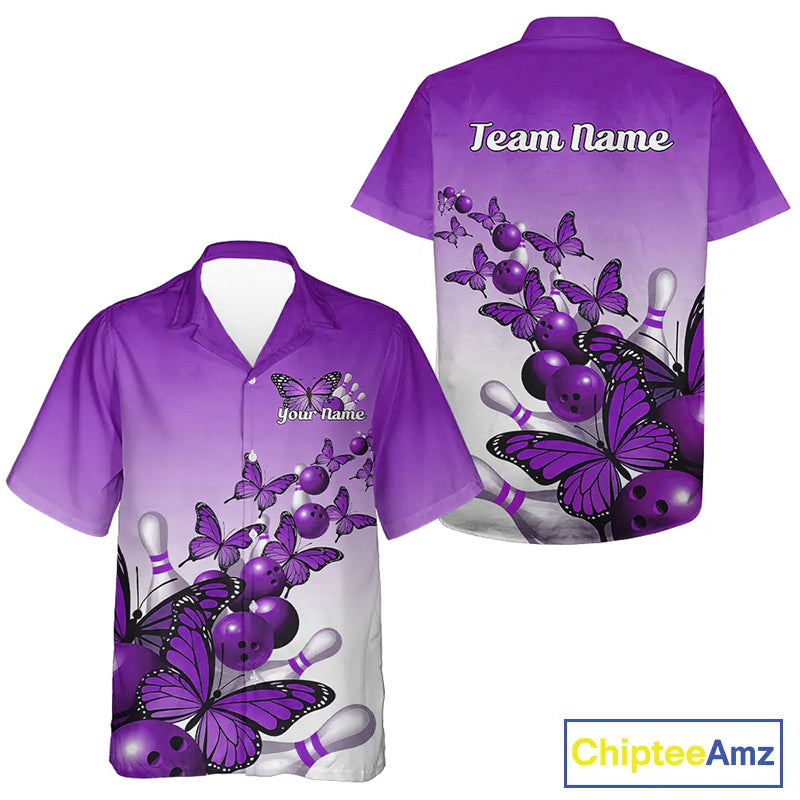 Custom Purple Gradient Butterfly Bowling Men And Women Hawaiian Shirts For Team, Bowling League Shirt IPHW9006