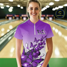 Load image into Gallery viewer, Custom Purple Gradient Butterfly Bowling Women Quarter-Zip Shirt, Bowling League Shirt IPHW9006