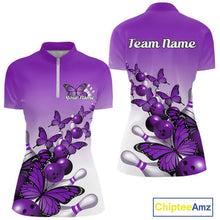 Load image into Gallery viewer, Custom Purple Gradient Butterfly Bowling Women Quarter-Zip Shirt, Bowling League Shirt IPHW9006