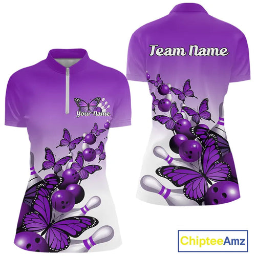 Custom Purple Gradient Butterfly Bowling Women Quarter-Zip Shirt, Bowling League Shirt IPHW9006