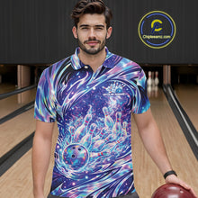 Load image into Gallery viewer, Male model wearing a bowling polo in a bowling alley with galaxy-inspired bowling strike artwork and pins.