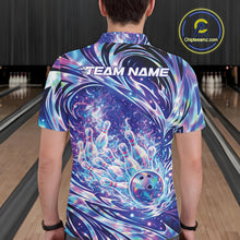 Load image into Gallery viewer, Back view of a bowling polo showcasing a cosmic bowling ball hitting pins graphic.