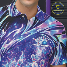 Load image into Gallery viewer, Close-up of the left chest area featuring a galaxy-themed bowling ball and pin illustration on a bowling polo.