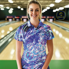 Load image into Gallery viewer, Female model in bowling lane wearing polo shirt with galaxy bowling ball striking pins dynamic space themed design