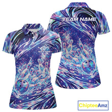 Load image into Gallery viewer, Front and back view women’s polo shirt mockup featuring galaxy style bowling ball striking pins cosmic sports artwork