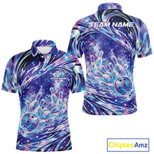 Load image into Gallery viewer, Front and back views of a mens bowling polo mockup featuring a galaxy-style bowling ball striking pins illustration.