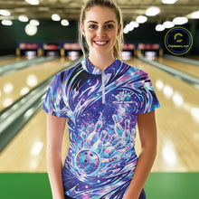 Load image into Gallery viewer, Front view female model at bowling lane wearing quarter zip shirt showing galaxy themed bowling ball striking pins with cosmic glowing sports illustration.