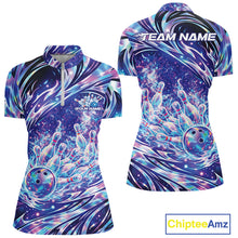 Load image into Gallery viewer, Front and back mockup of womens bowling quarter zip featuring a galaxy styled bowling ball striking pins with cosmic sports inspired artwork.