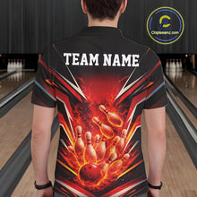 Load image into Gallery viewer, Back view of a black and red bowling polo displaying flame-accented bowling graphics.