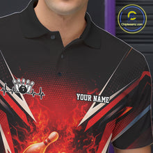 Load image into Gallery viewer, Close-up left chest view of a black and red bowling polo featuring a flaming bowling ball hitting pins.