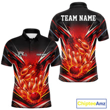 Load image into Gallery viewer, Front and back mens bowling polo in black and red featuring a flaming bowling ball striking pins with fiery sports-inspired graphics.