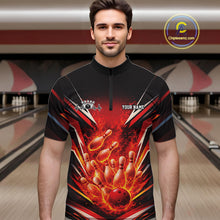 Load image into Gallery viewer, Male model in bowling lane wearing quarter-zip shirt with flaming bowling ball crashing pins white turquoise blue fiery sports artwork