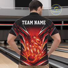 Load image into Gallery viewer, Front view male model in bowling lane wearing quarter-zip shirt featuring flaming bowling ball crashing pins white turquoise blue design