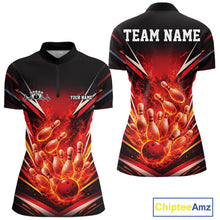 Load image into Gallery viewer, Front and back mockup of womens bowling quarter zip in black and red featuring flaming bowling ball crashing into pins with bold fiery sports artwork.