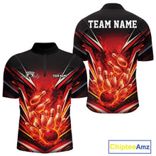 Load image into Gallery viewer, Front and back view men’s quarter-zip bowling shirt mockup featuring flaming bowling ball crashing into pins fiery style on white and turquoise blue fabric