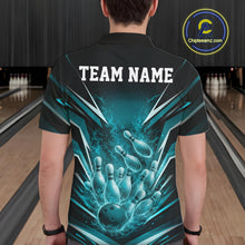 Load image into Gallery viewer, Back view of a black and turquoise blue bowling polo decorated with dynamic bowling action artwork and flames.