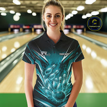 Load image into Gallery viewer, Male model in bowling lane wearing quarter-zip shirt with galaxy bowling ball hitting pins dynamic space style design