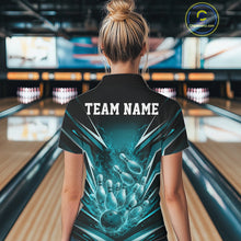 Load image into Gallery viewer, Front view male model in bowling lane wearing quarter-zip shirt featuring galaxy bowling ball striking pins artwork