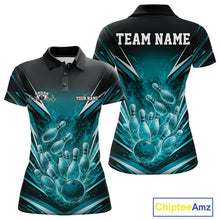 Load image into Gallery viewer, Front and back view of a men’s quarter-zip bowling shirt featuring galaxy bowling ball striking pins cosmic sports illustration