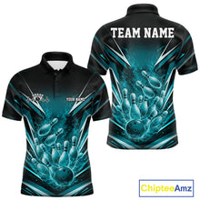 Load image into Gallery viewer, Front and back views of a black and turquoise blue bowling polo with flaming bowling ball artwork striking pins.