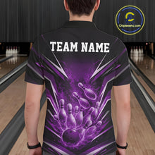 Load image into Gallery viewer, Back view of a black and purple bowling polo with explosive bowling-themed artwork and fiery accents.