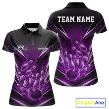 Load image into Gallery viewer, Front and back view of a men’s quarter-zip bowling shirt mockup featuring raccoon in sunglasses and patriotic bandana leaning on bowling ball illustration