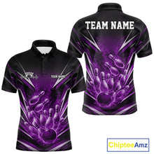Load image into Gallery viewer, Mens black and purple bowling polo mockup shown front and back with flaming bowling ball strike artwork and fire burst effects.