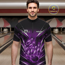 Load image into Gallery viewer, Male model in bowling lane wearing quarter-zip shirt with flaming bowling ball striking pins purple dynamic fire sports artwork