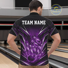 Load image into Gallery viewer, Front view male model in bowling lane wearing quarter-zip shirt featuring flaming bowling ball striking pins purple explosive bowling design