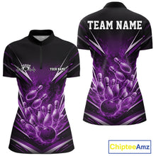 Load image into Gallery viewer, Front and back mockup of womens bowling quarter zip in black and purple showing flaming bowling ball striking pins with explosive fire burst dynamic sports artwork.