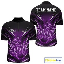 Load image into Gallery viewer, Front and back view men’s quarter-zip bowling shirt mockup featuring flaming bowling ball striking pins purple explosive fire burst design