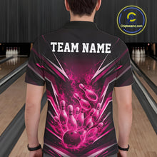Load image into Gallery viewer, Back view of a black and pink bowling polo displaying explosive fire-themed bowling graphics.