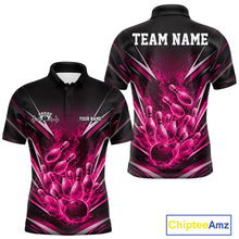 Load image into Gallery viewer, Front and back mens bowling polo mockup in black and pink featuring a flaming bowling ball striking pins with an explosive fire burst.