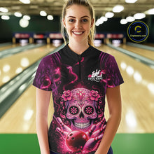 Load image into Gallery viewer, Custom Pink Purple Sugar Skull Bowling Women Quarter-Zip Shirt, Halloween Bowling Outfit IPHW11144