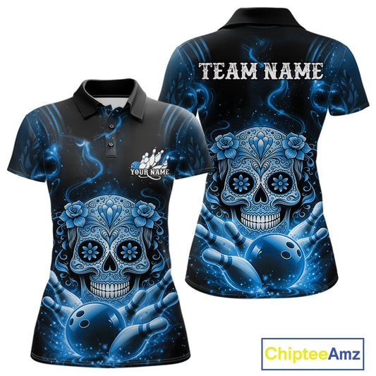 Front and back view of a black and blue women’s bowling polo shirt featuring a floral sugar skull above a bowling ball and pins in Day of the Dead style.