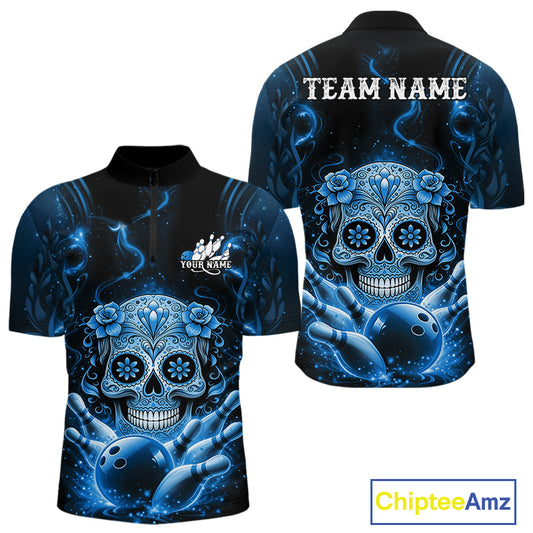 Front and back view of a black and blue mens bowling quarter-zip shirt featuring a floral sugar skull, bowling ball, and bowling pins in a Day of the Dead theme.